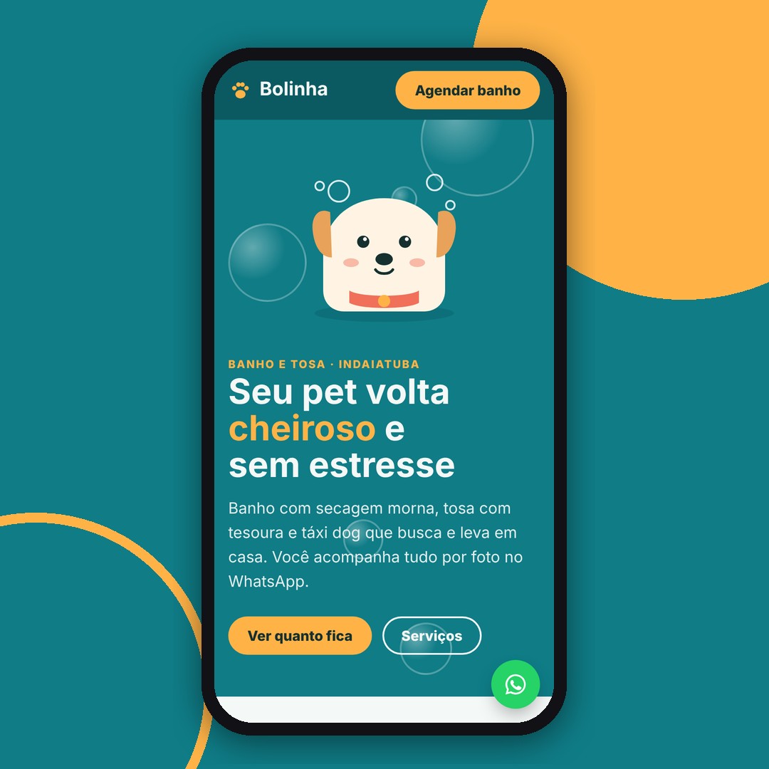 Site do pet shop Banho Bolinha no celular